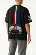 Black t-shirt with car graphic and BMW logo on a white background