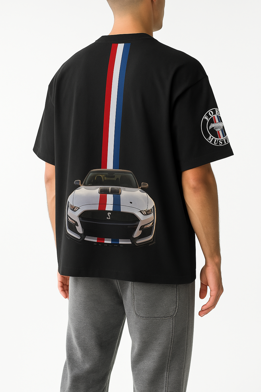 Black t-shirt with car graphic and BMW logo on a white background