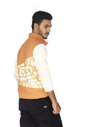Brown and beige jacket with geometric pattern on a gray background
