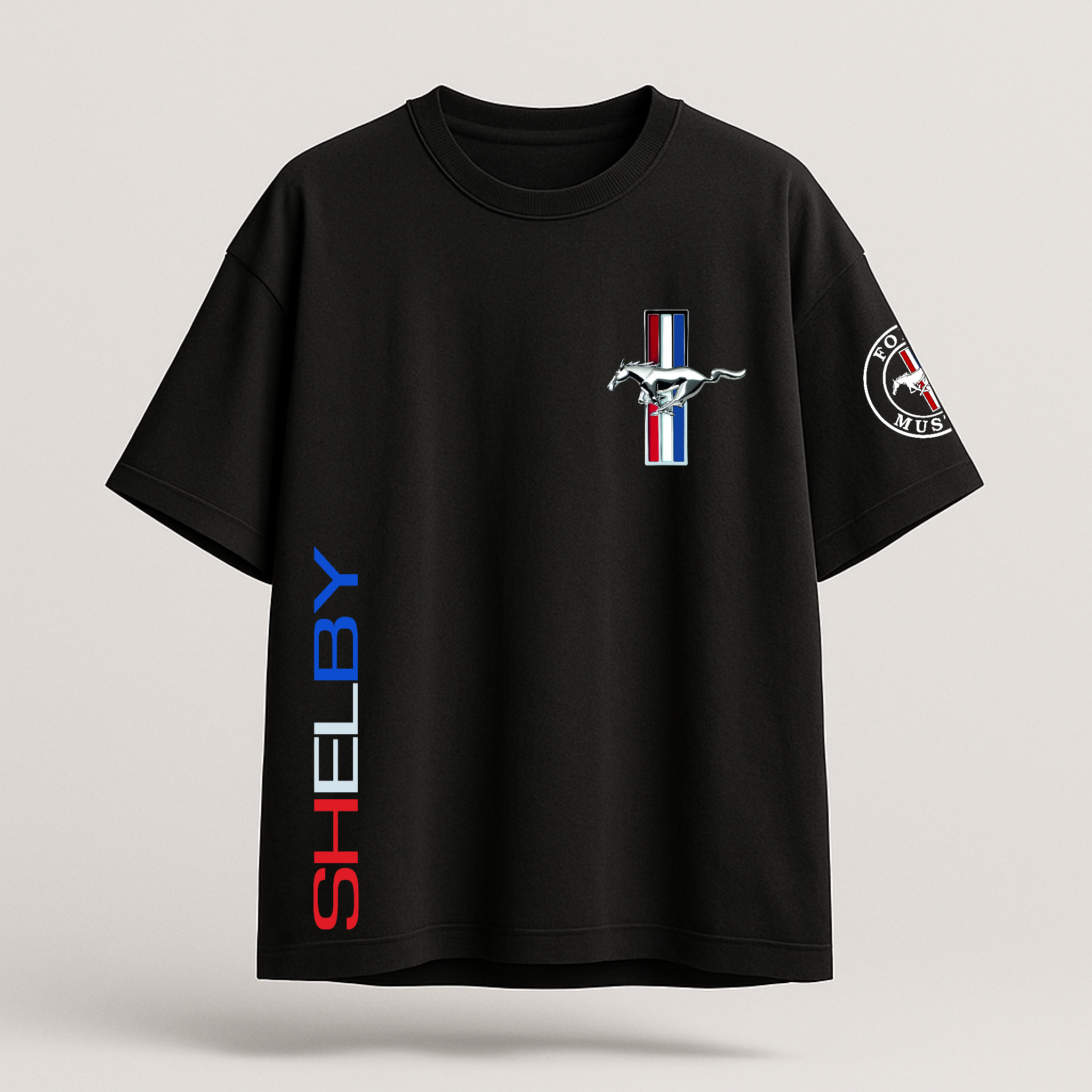 Black t-shirt with Ford Shelby logo on a light gray background