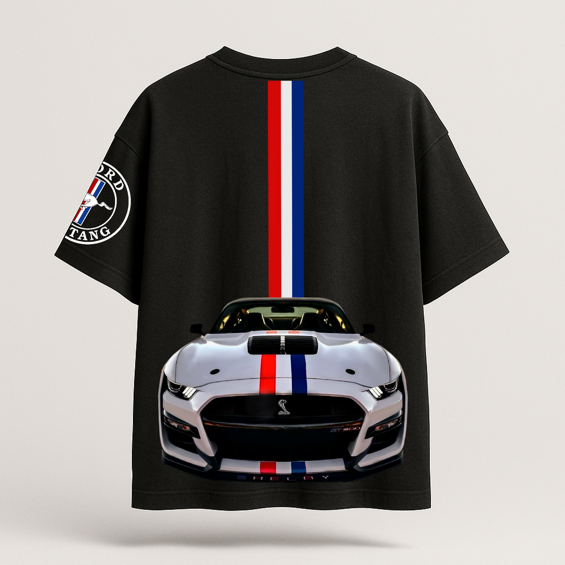 Black t-shirt with Ford Shelby logo on a light gray background