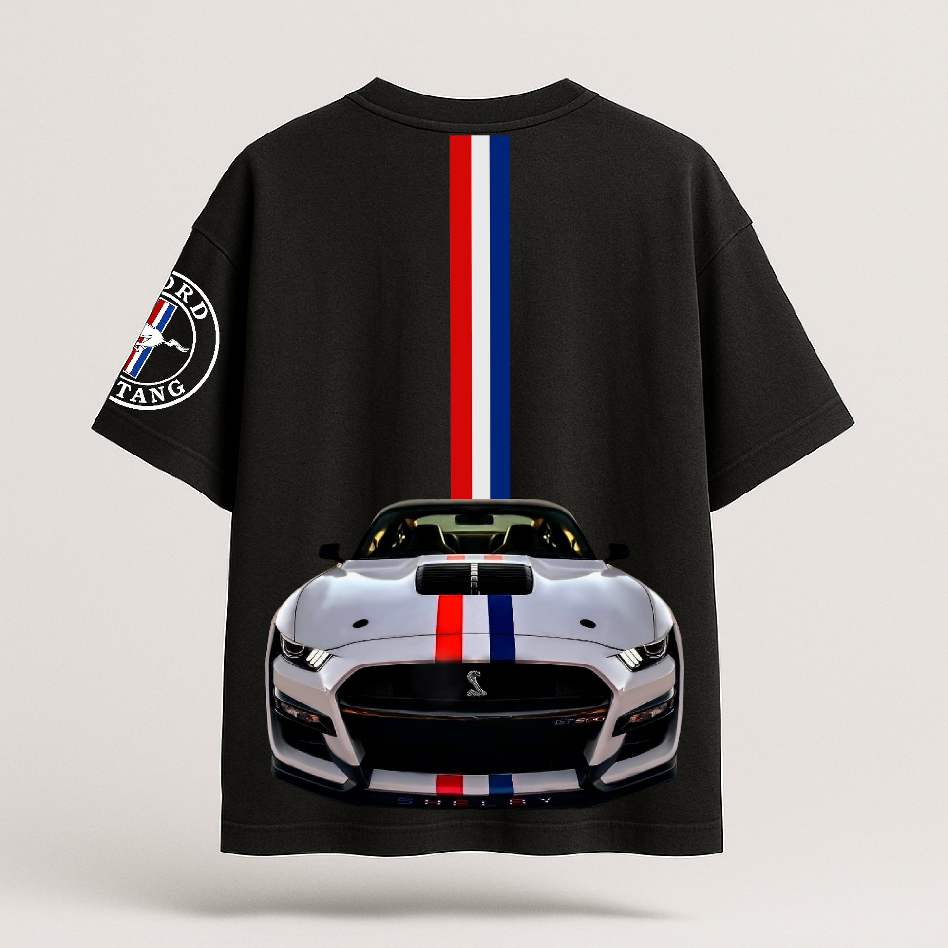 Black t-shirt with Ford Mustang graphic and logo on a white background