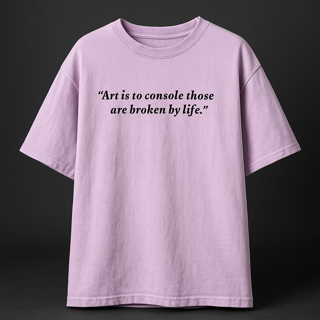 Purple t-shirt with a quote on a black background
