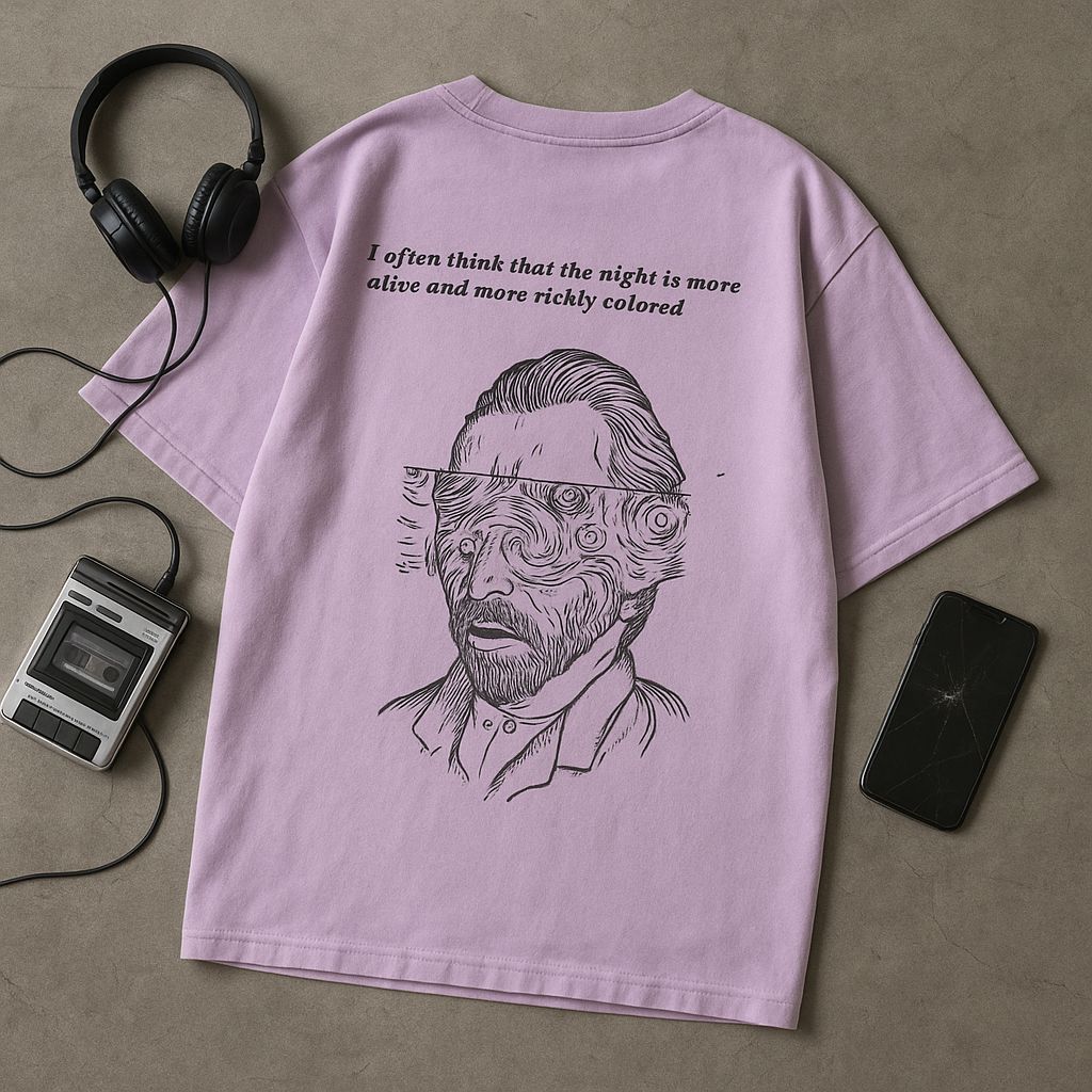 Pink t-shirt with a graphic design and text, placed on a gray surface with headphones and a phone.