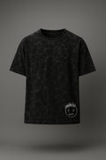 Black tie-dye t-shirt with a white logo on a gray background