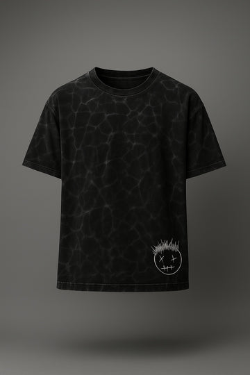 Black tie-dye t-shirt with a white logo on a gray background