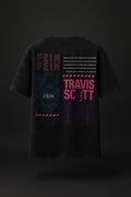 Black t-shirt with pink and blue graphics and text on a dark background