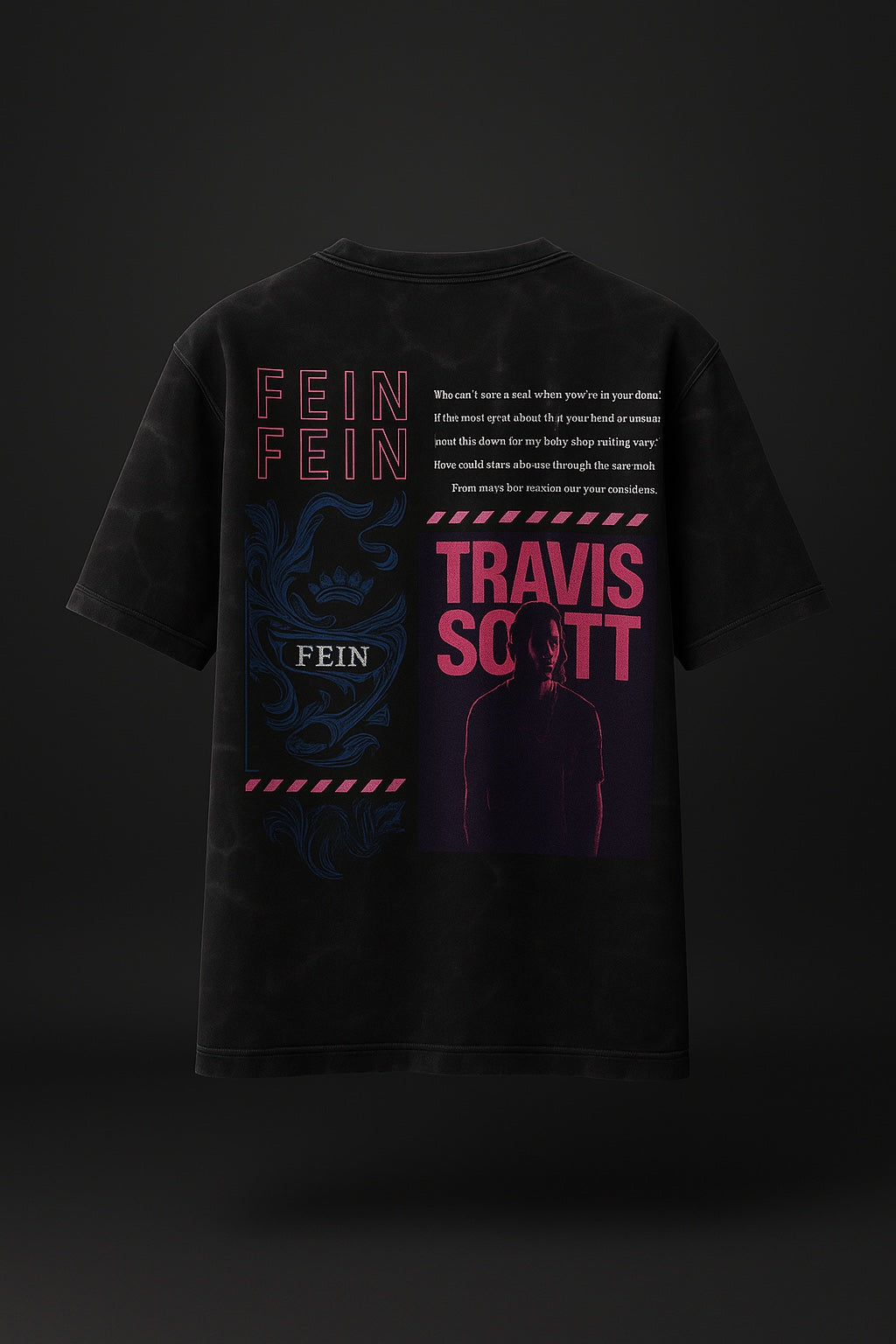 Black t-shirt with pink and blue graphics and text on a dark background