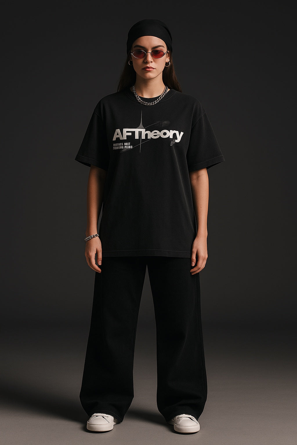 Person wearing a black 'AFTheory' t-shirt on a dark background