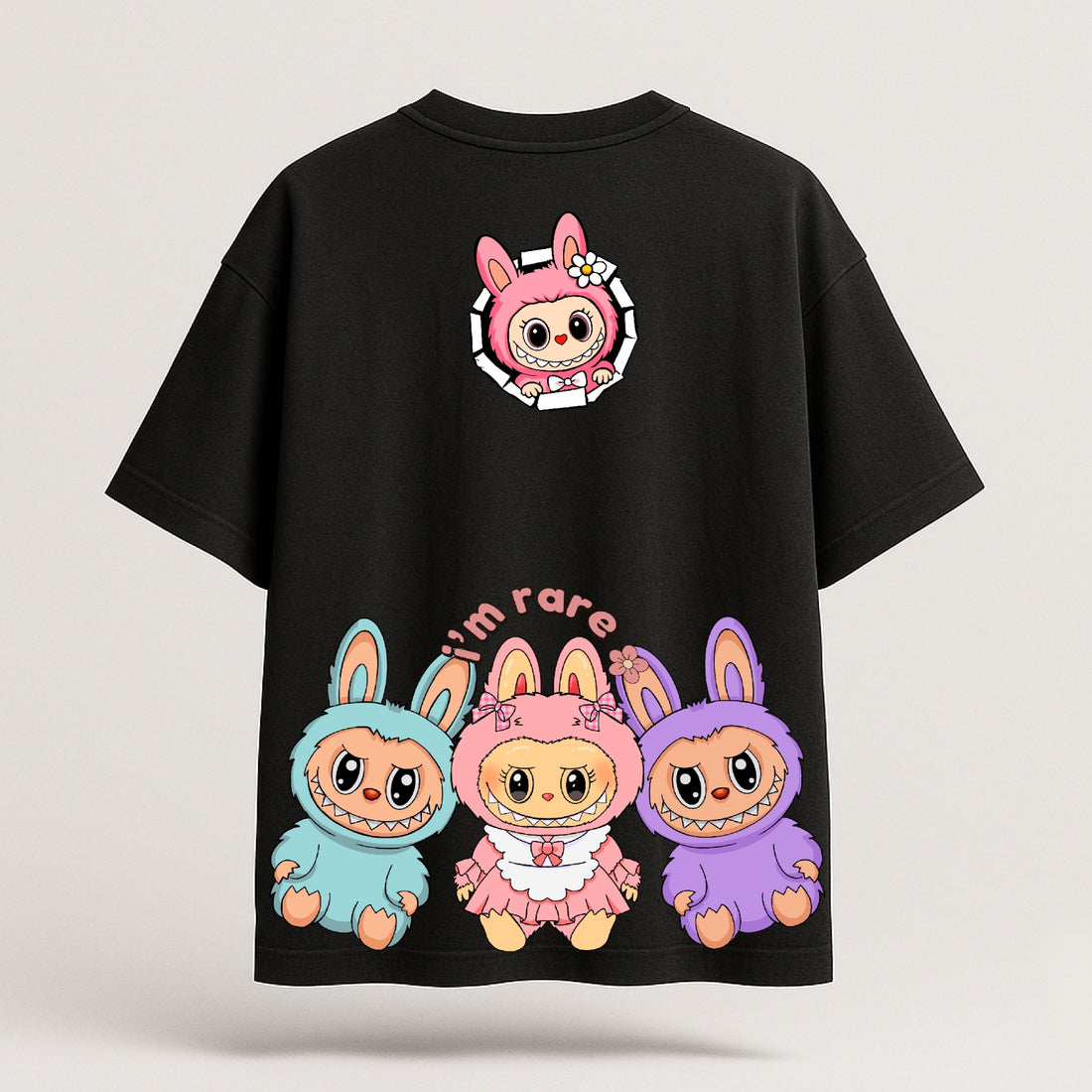 Black t-shirt with pink 'LABUBU' text and character design on a light gray background