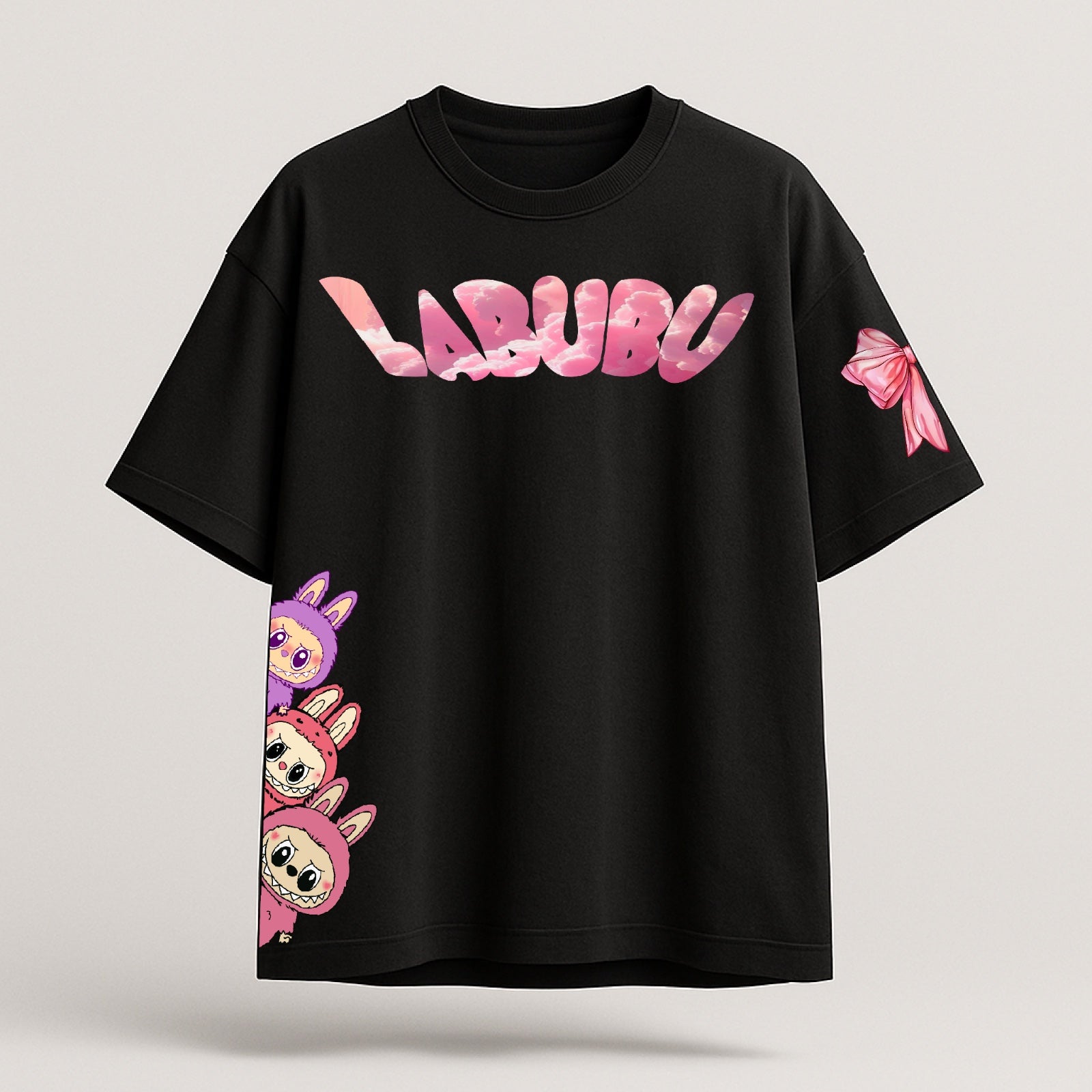 Black t-shirt with pink 'LABUBU' text and character design on a light gray background
