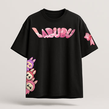 Black t-shirt with pink 'LABUBU' text and character design on a light gray background