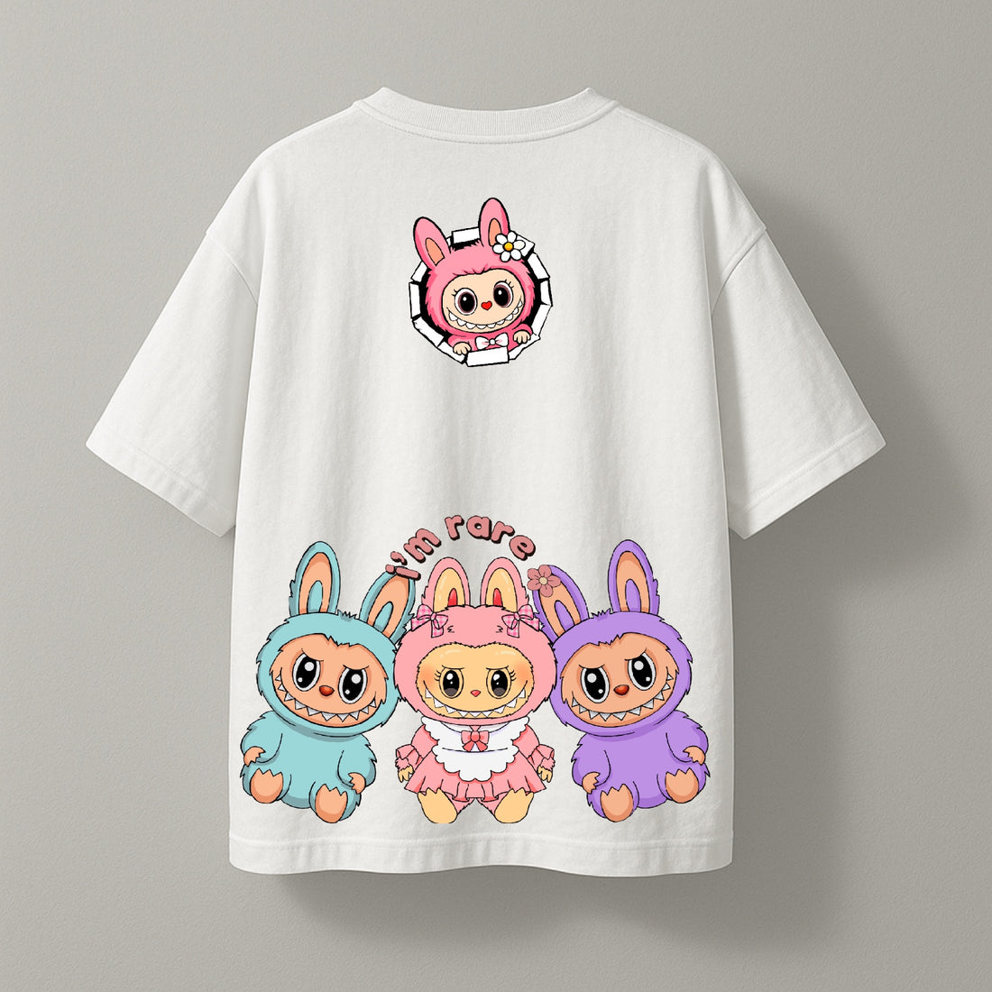 White t-shirt with 'LABUBU' logo and cartoon characters on a gray background