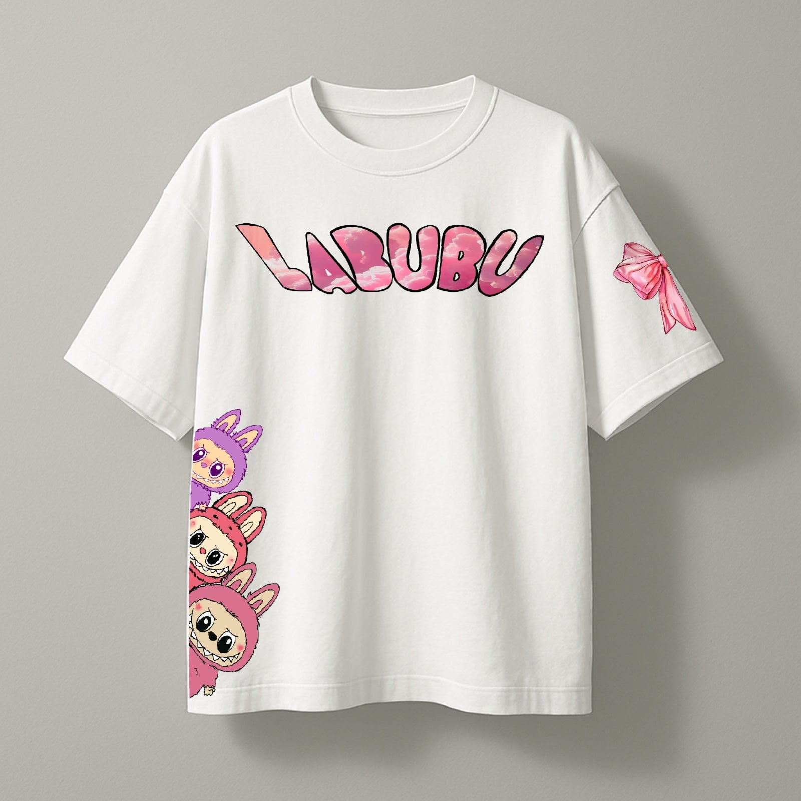White t-shirt with 'LABUBU' logo and cartoon characters on a gray background
