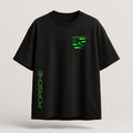 Black t-shirt with green Porsche logo and text on a light gray background