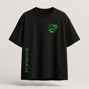 Black t-shirt with green Porsche logo and text on a light gray background