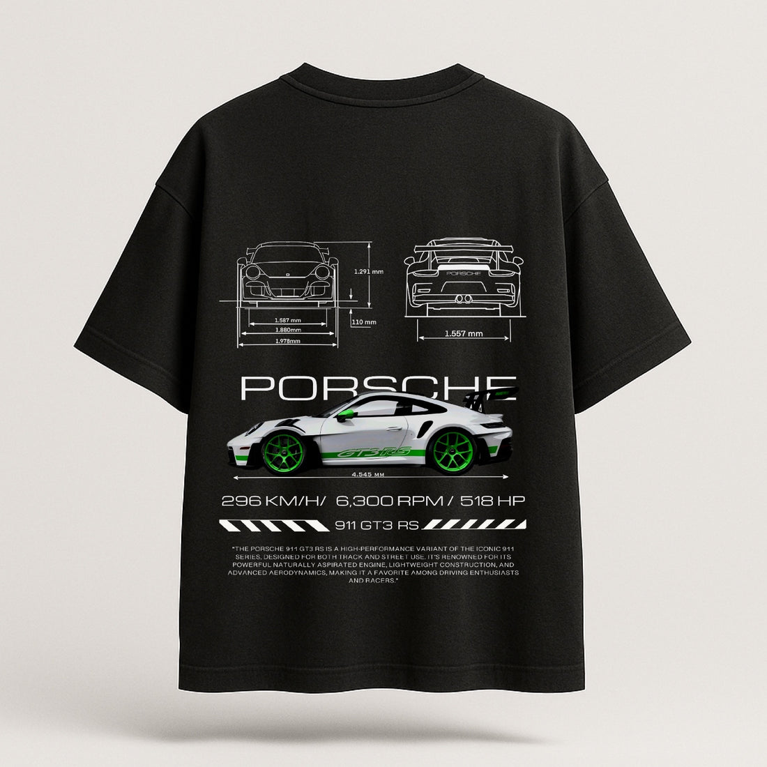 Black t-shirt with green Porsche logo and text on a light gray background
