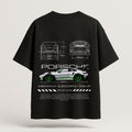 Black t-shirt with Porsche car design on a white background