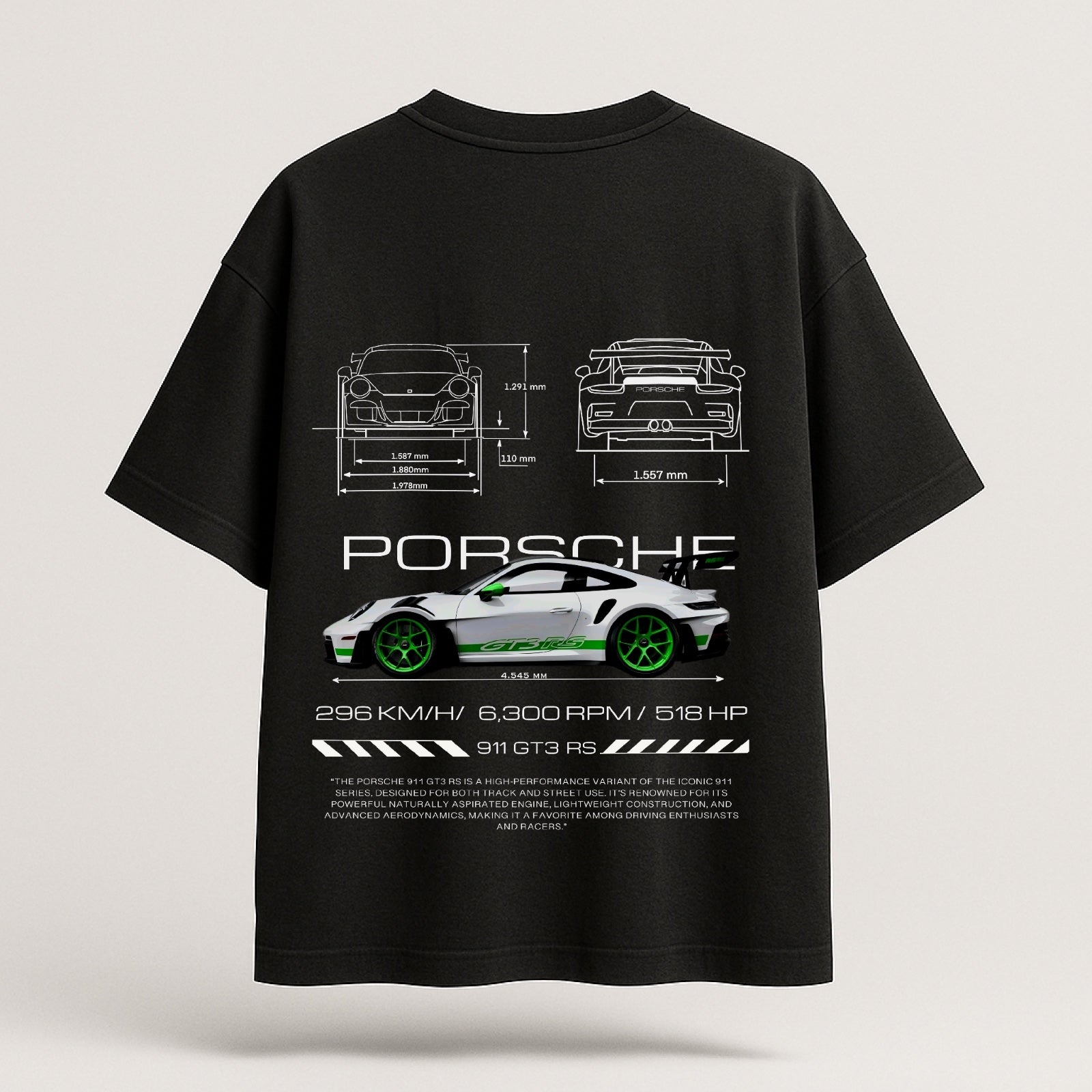 Black t-shirt with Porsche car design on a white background