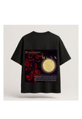 Black t-shirt with red dragon design and moon graphic on a white background