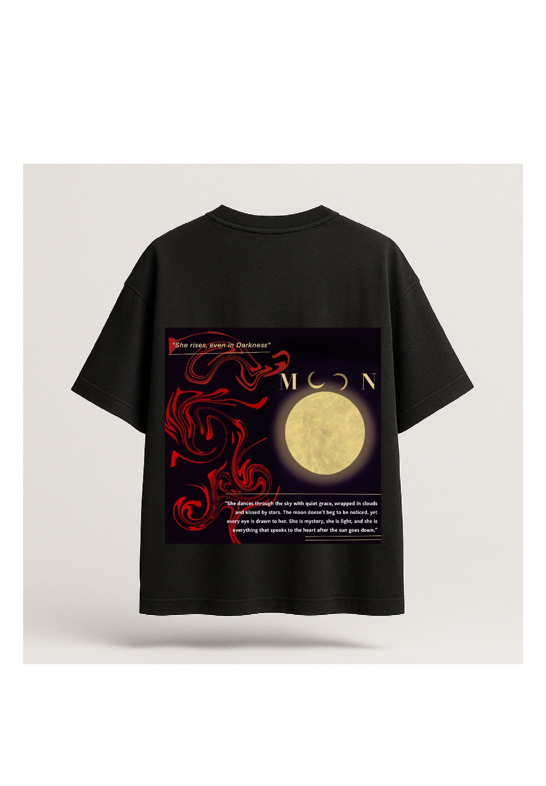 Black t-shirt with red dragon design and moon graphic on a white background