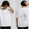 White t-shirt with black line art design on a plain background
