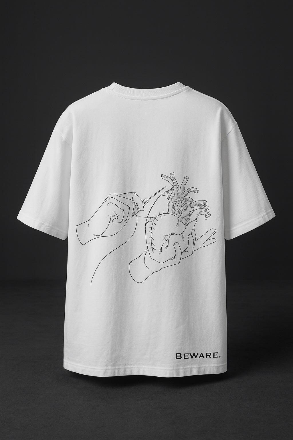 White t-shirt with text and graphic design on a black background