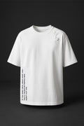 White t-shirt with text and graphic design on a black background