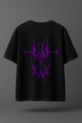 Black t-shirt with purple tribal design on a gray background