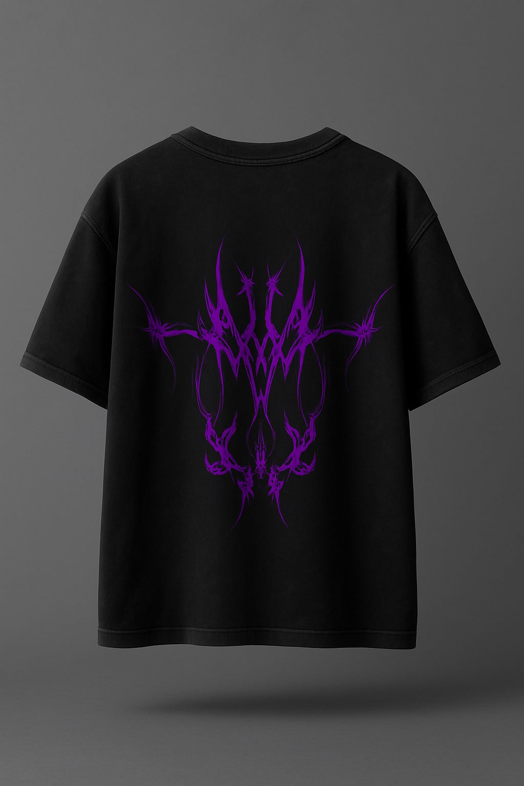 Black t-shirt with purple tribal design on a gray background