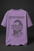 Purple t-shirt with a graphic design and text on a dark background