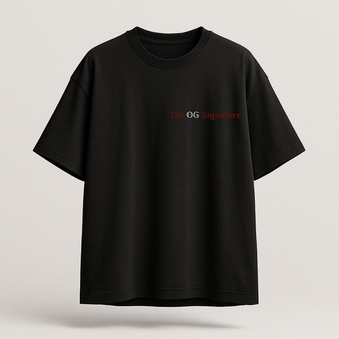 Black t-shirt with 'The OG Signature' text on a light gray background