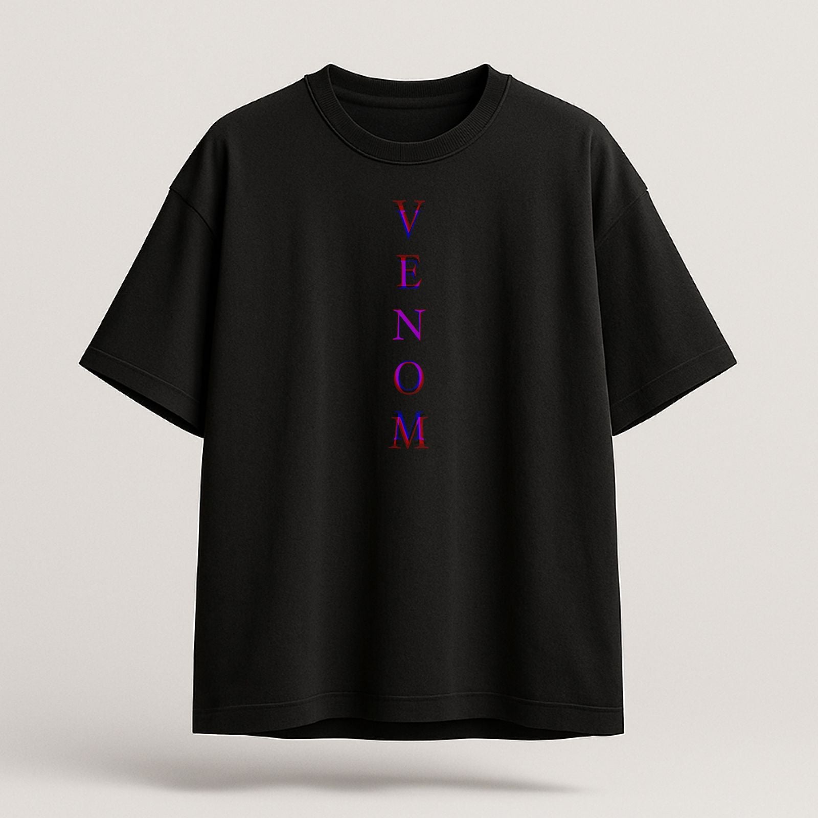 Black t-shirt with 'VENOM' text in purple on a light gray background