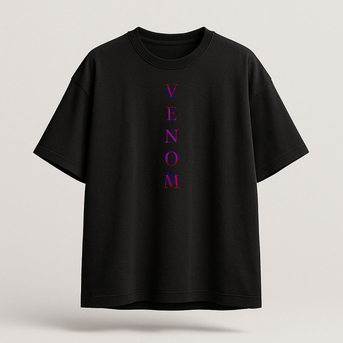 Black t-shirt with 'VENOM' text in purple on a light gray background