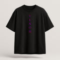 Black t-shirt with 'VENOM' text in purple on a light gray background