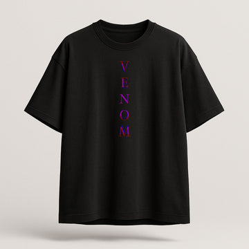 Black t-shirt with 'VENOM' text in purple on a light gray background