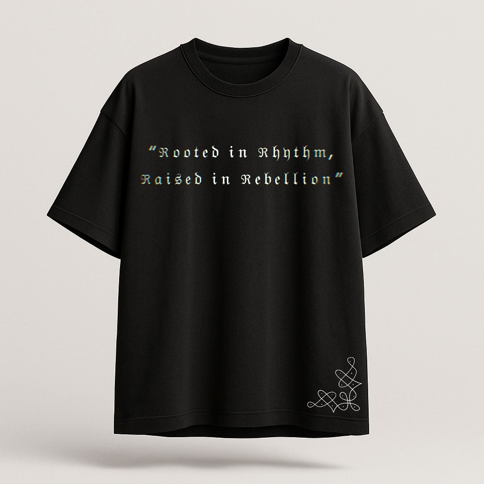 Black t-shirt with white text and design on a light gray background