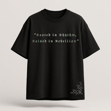 Black t-shirt with white text and design on a light gray background