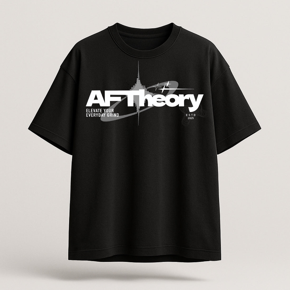 Black t-shirt with 'AF Theory' logo on a light gray background