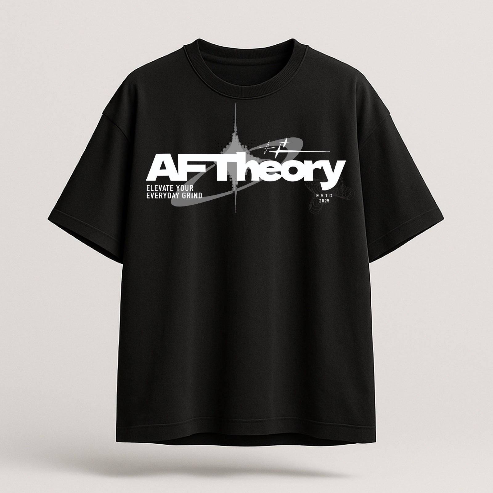 Black t-shirt with 'AF Theory' logo on a light gray background