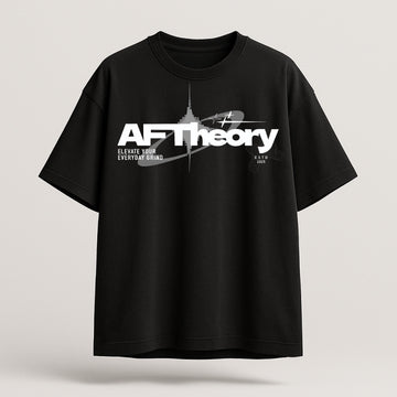 Black t-shirt with 'AF Theory' logo on a light gray background