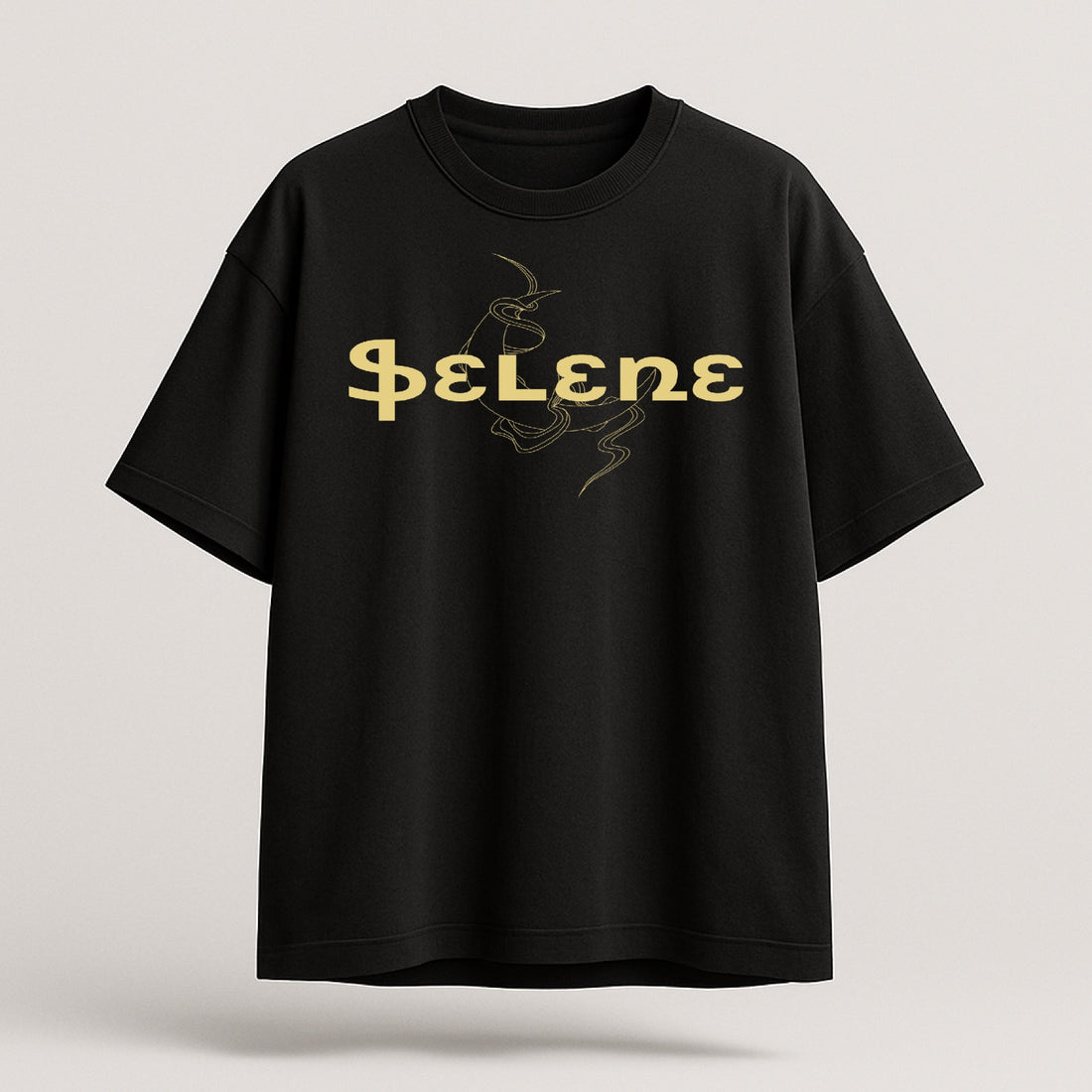 Black t-shirt with gold 'Selene' logo on a light gray background