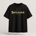 Black t-shirt with gold 'Selene' logo on a light gray background