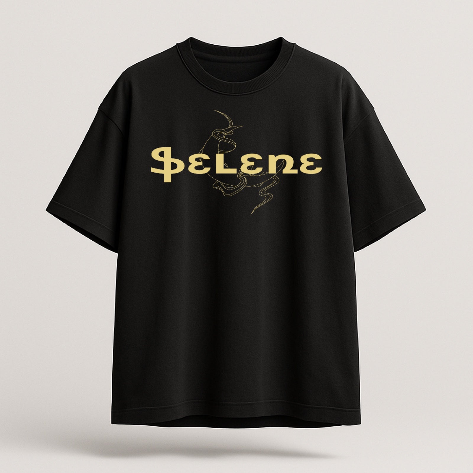 Black t-shirt with gold 'Selene' logo on a light gray background