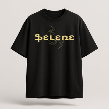 Black t-shirt with gold 'Selene' logo on a light gray background